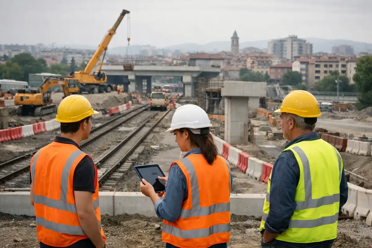 Tre tecnici in giubbotti alta visibilità osservano un cantiere ferroviario con gru e binari, con città sullo sfondo