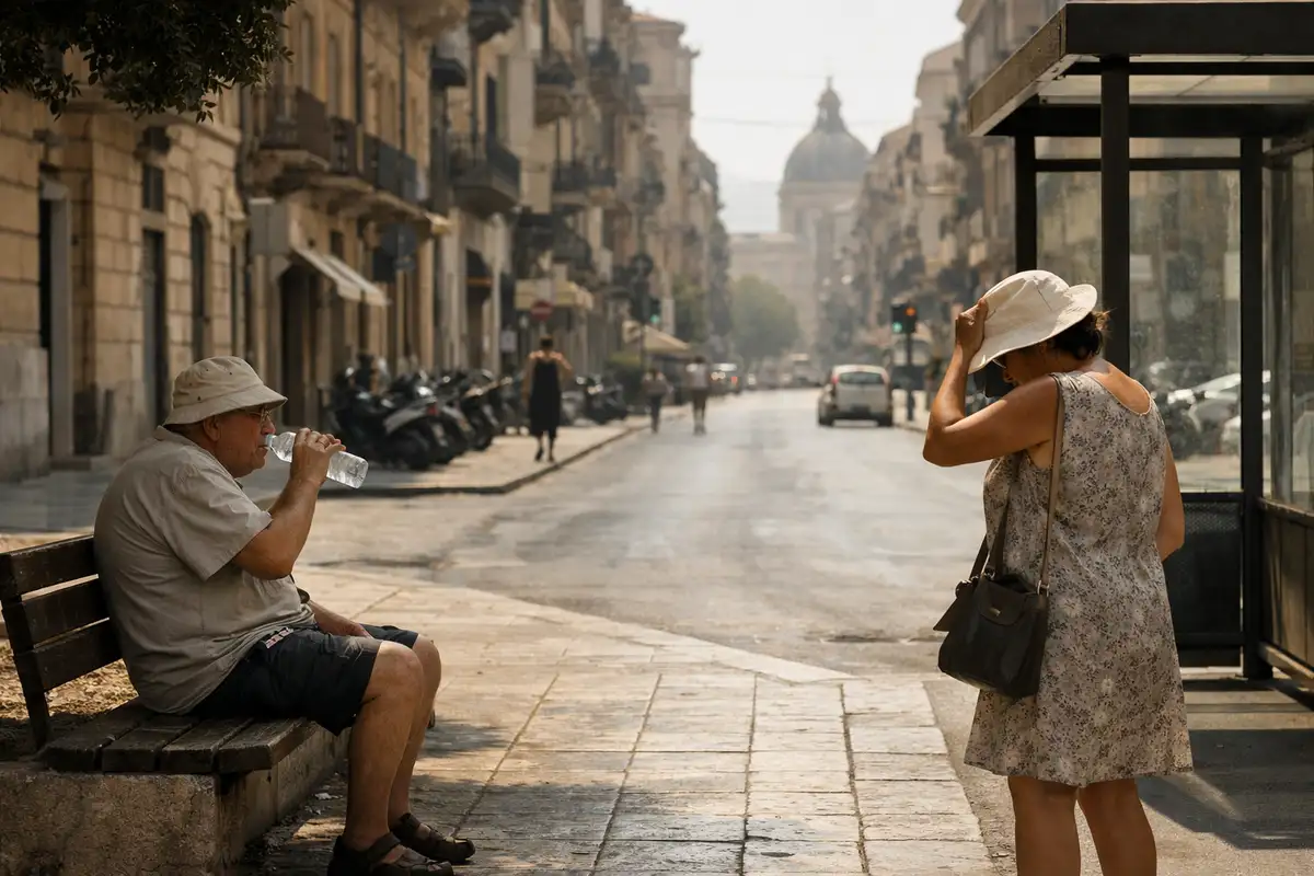 Strada urbana assolata con uomo seduto che beve acqua e donna che si ripara dal sole vicino a una fermata