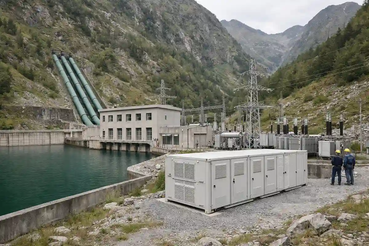 Centrale idroelettrica in valle alpina con bacino, tubazioni, tralicci e container di accumulo a batterie