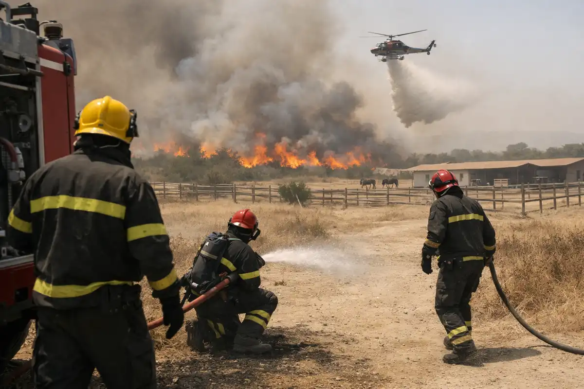 Vigili del fuoco vicino a un maneggio mentre un elicottero sgancia acqua su un incendio tra fumo e fiamme