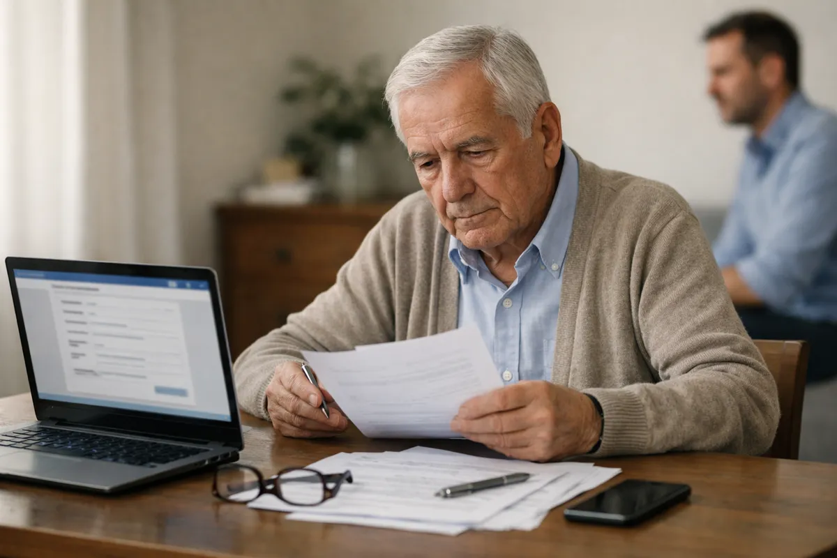Pensionato al tavolo con documenti, laptop con modulo online e smartphone, mentre verifica le carte