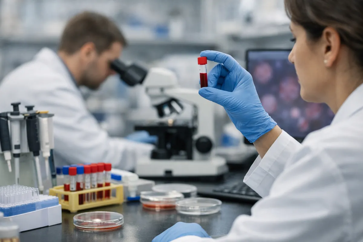 Ricercatrice in camice e guanti che osserva una provetta con campione di sangue in laboratorio, con microscopio sullo sfondo