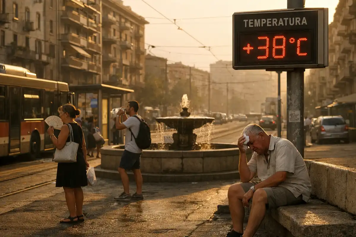 Termometro digitale segna 38°C in strada cittadina al tramonto, persone accaldate vicino a una fontana e un tram