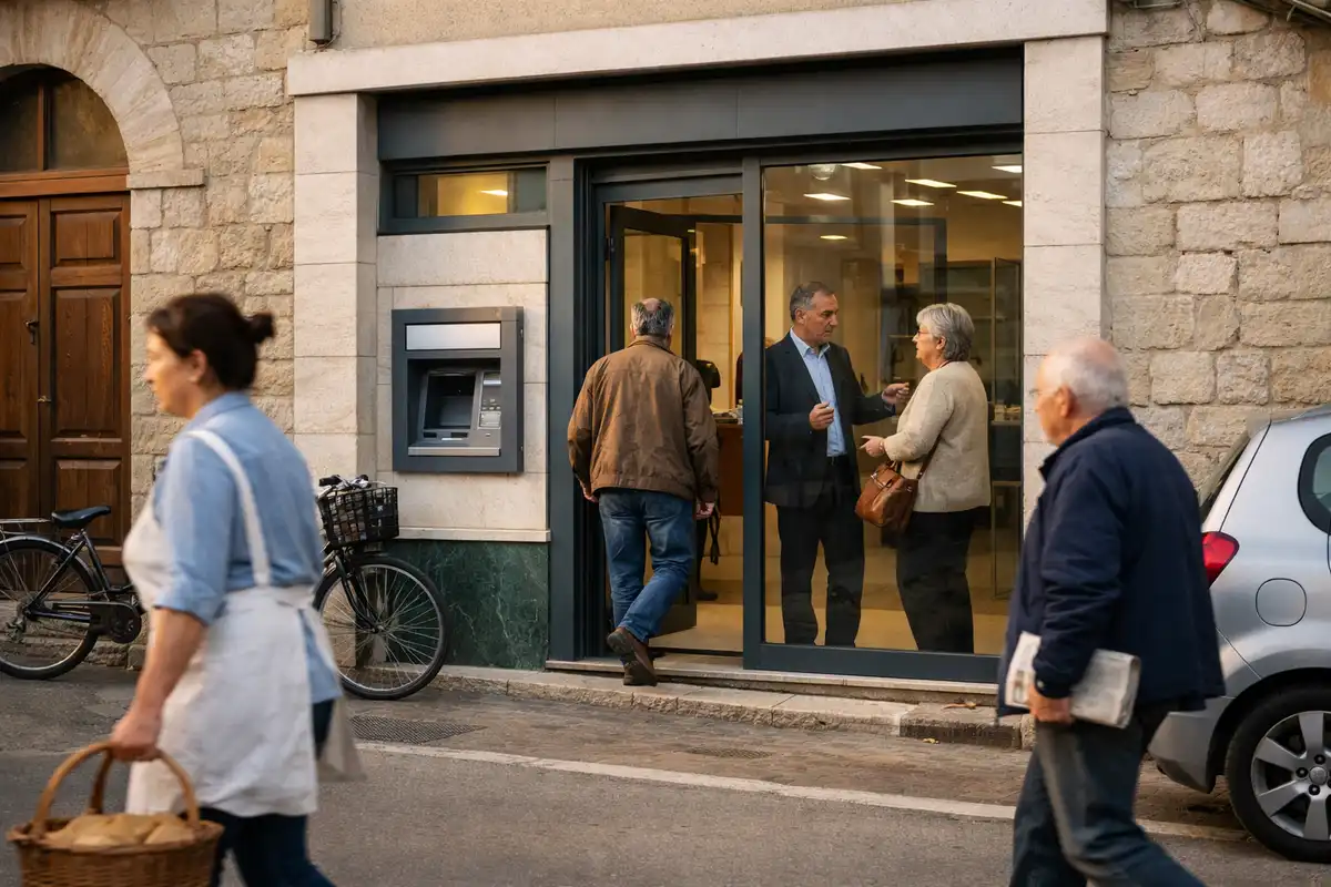 Ingresso di una filiale bancaria in un edificio in pietra, con bancomat e clienti che parlano vicino alle porte in vetro