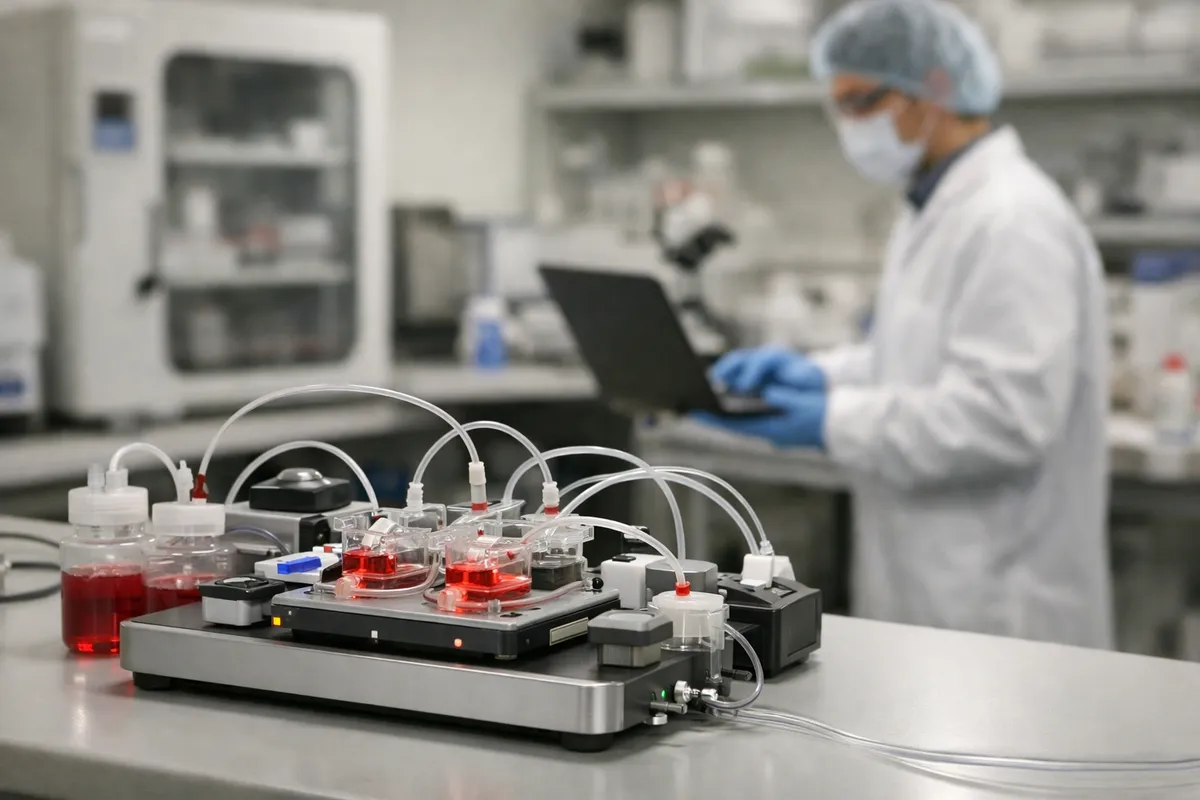 Sistema bioreattore microfluidico con tubi trasparenti e camere con liquido rosso su banco di laboratorio