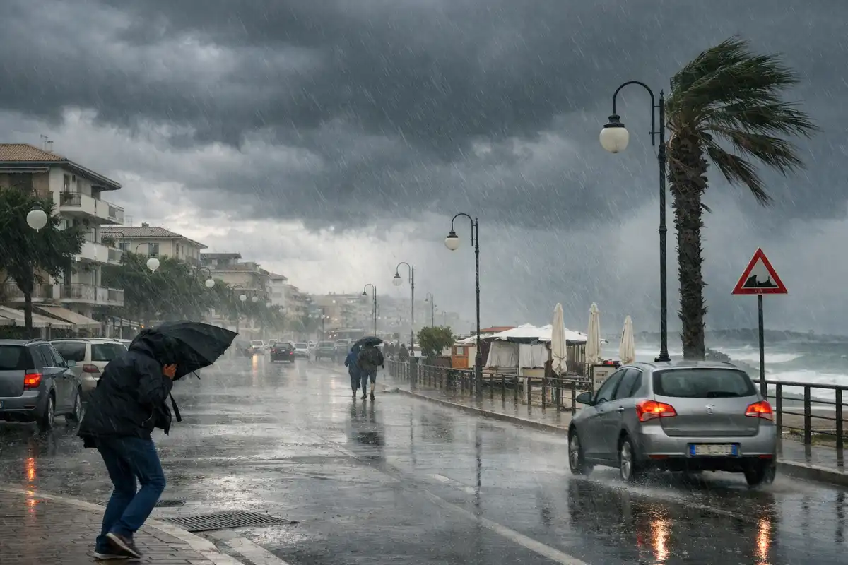 Lungomare sotto un forte temporale con vento, auto su strada bagnata e pedone con ombrello piegato