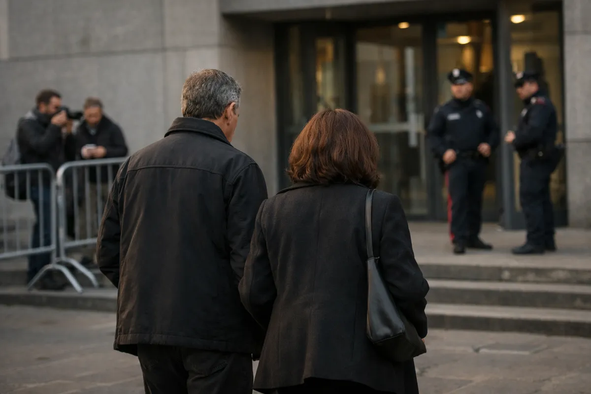 Coppia di spalle davanti all’ingresso di un tribunale, con agenti in divisa e giornalisti dietro una transenna