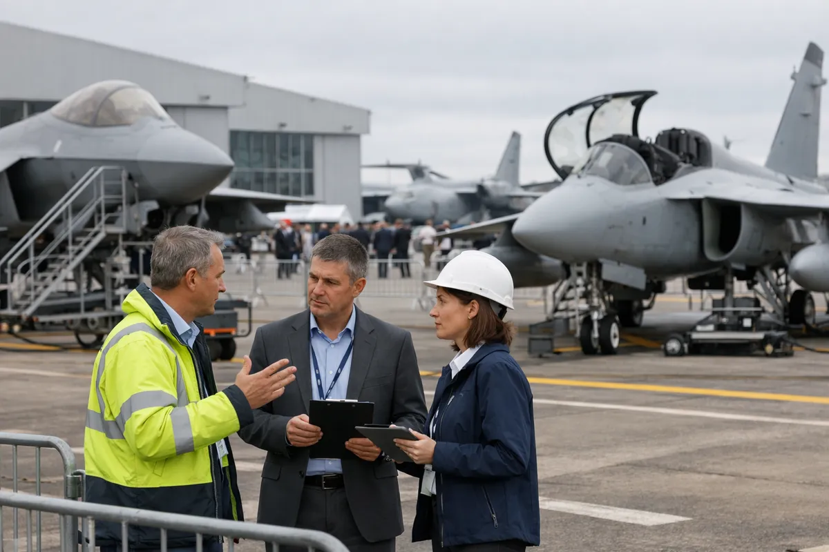Tecnici e manager discutono sulla pista di un airshow davanti a due jet militari parcheggiati e a un hangar