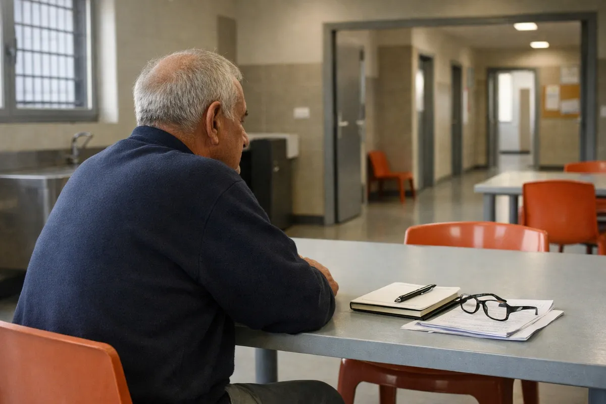 Uomo anziano seduto a un tavolo in una sala comune carceraria, con taccuino, penna, occhiali e documenti