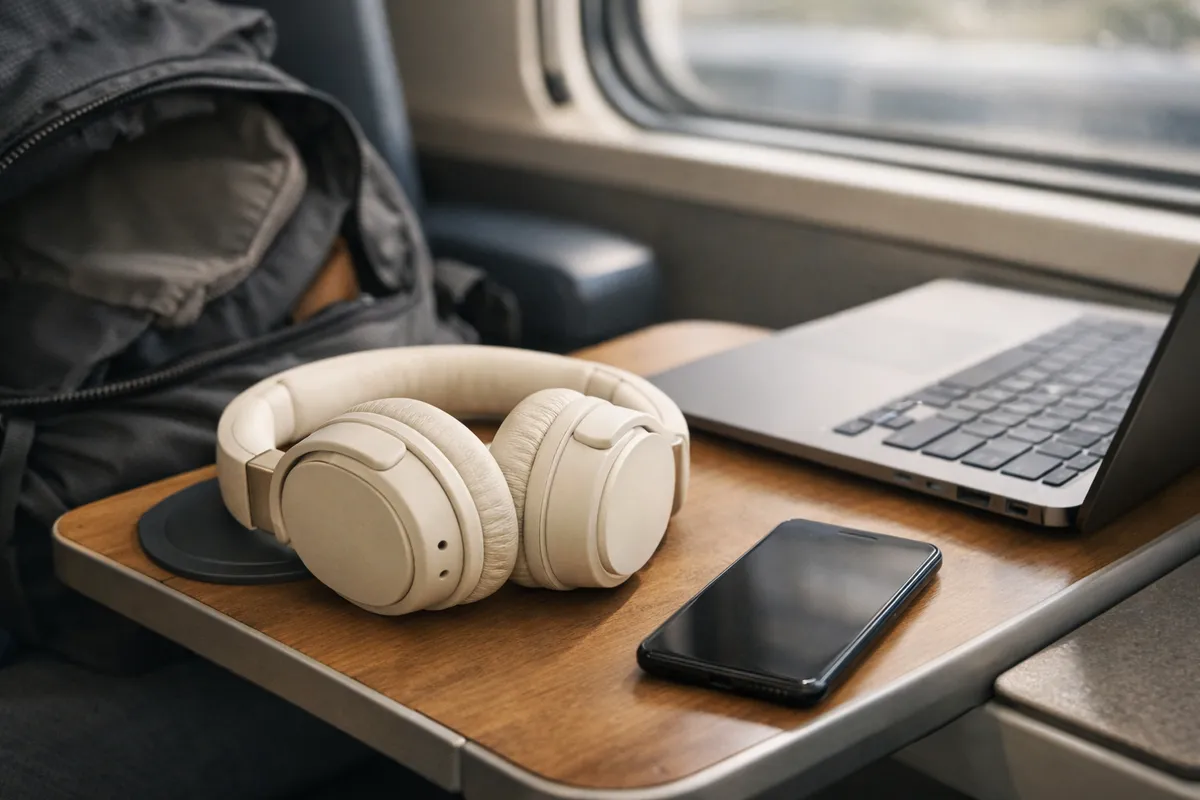 Cuffie wireless over-ear color crema su tavolino di un treno accanto a laptop, smartphone e zaino
