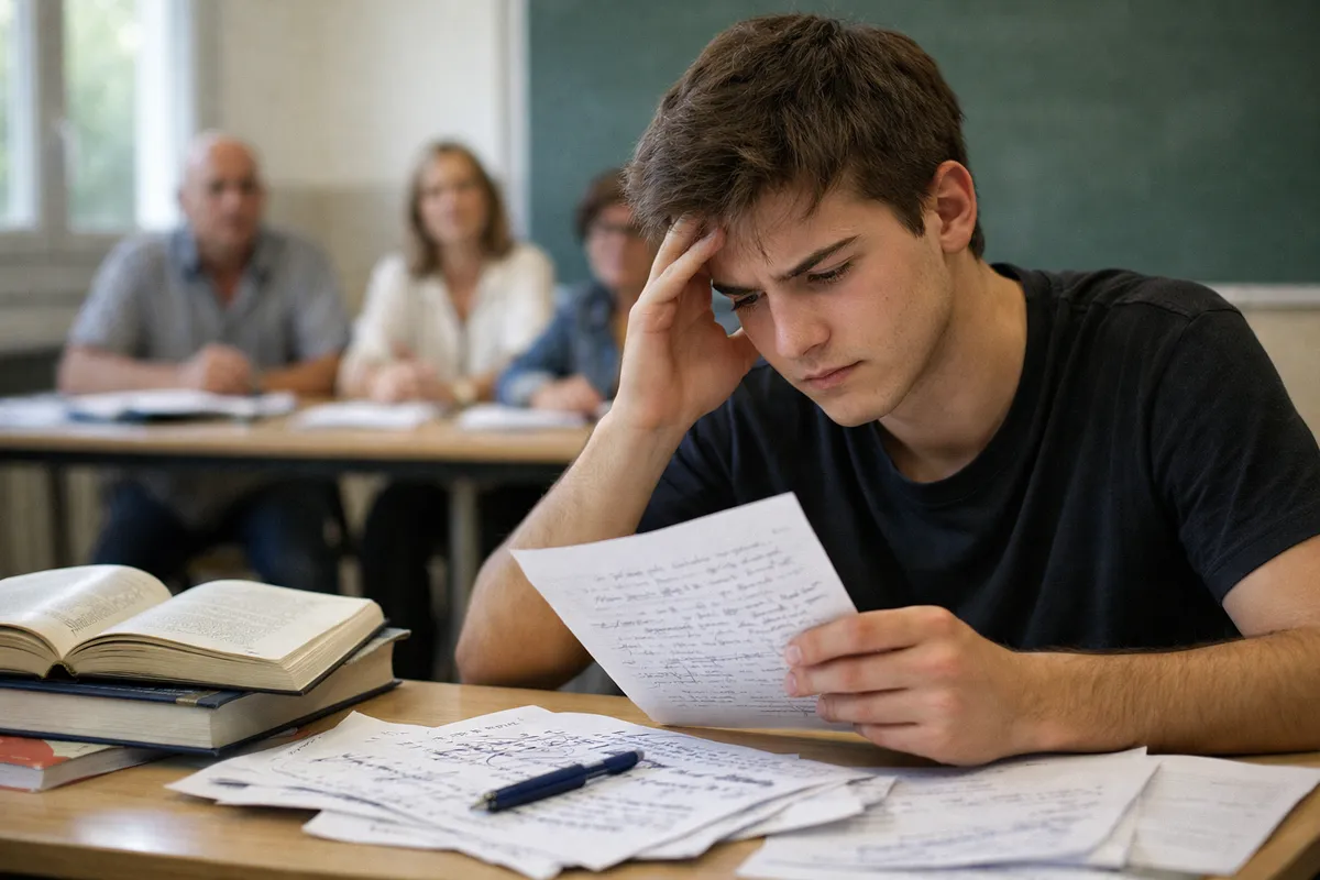 Studente teso al banco con fogli e libri aperti, mano alla fronte, mentre alcuni docenti osservano sullo sfondo