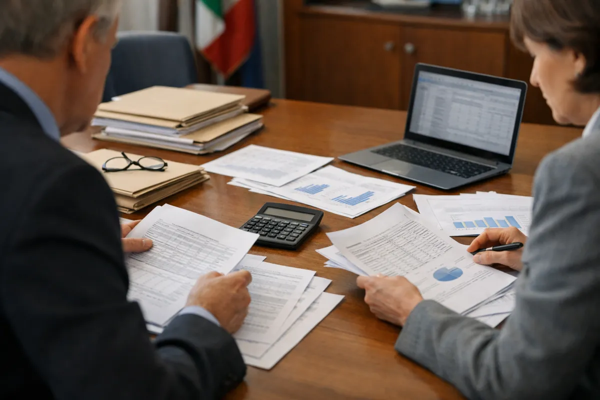 Funzionari al tavolo con documenti di bilancio, grafici, calcolatrice e laptop in una sala riunioni