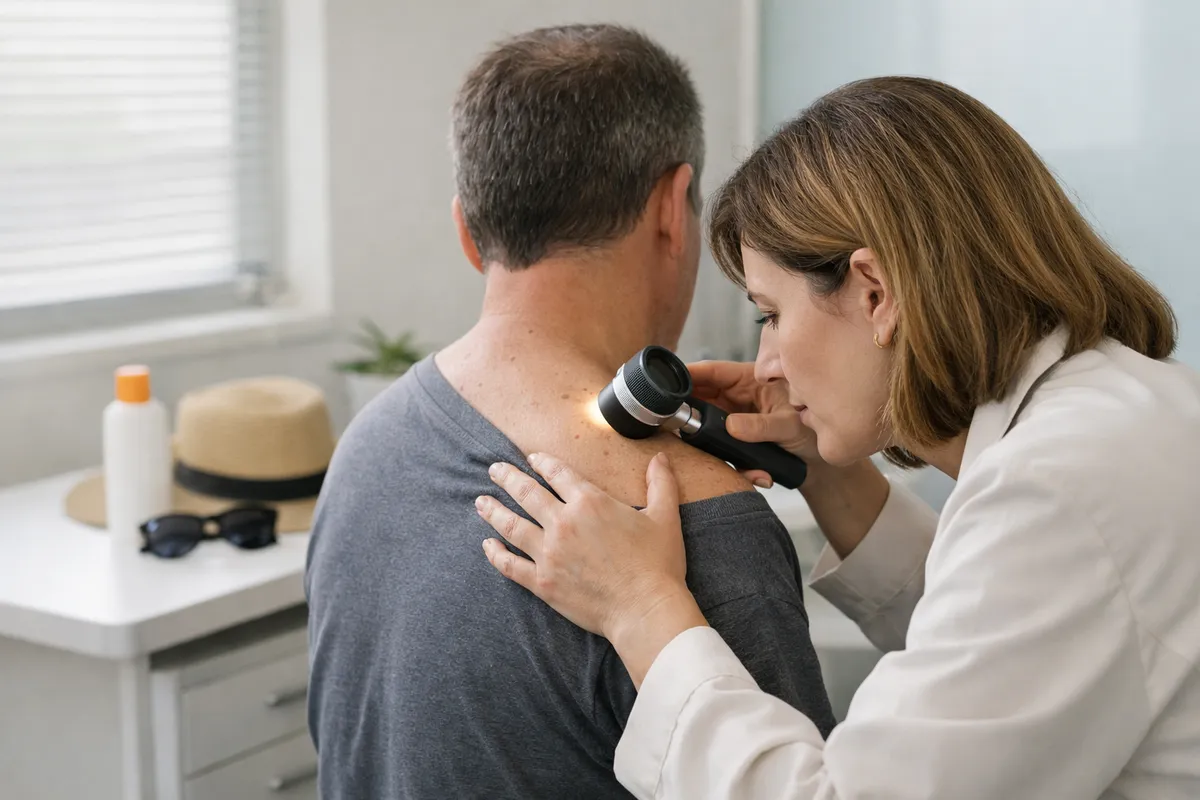 Dermatologa esamina con dermatoscopio un neo sulla spalla di un paziente in ambulatorio