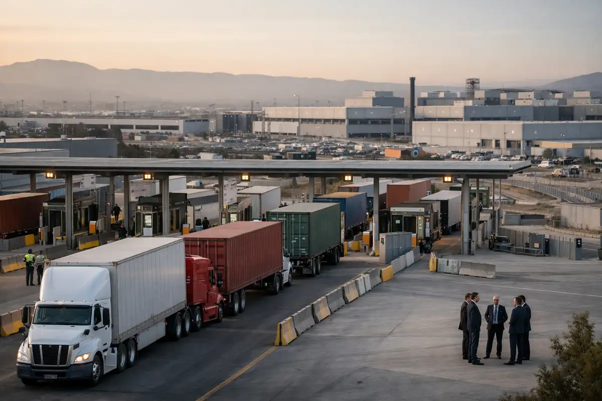 Camion in coda a un valico doganale con container e capannoni industriali sullo sfondo, quattro uomini in giacca discutono