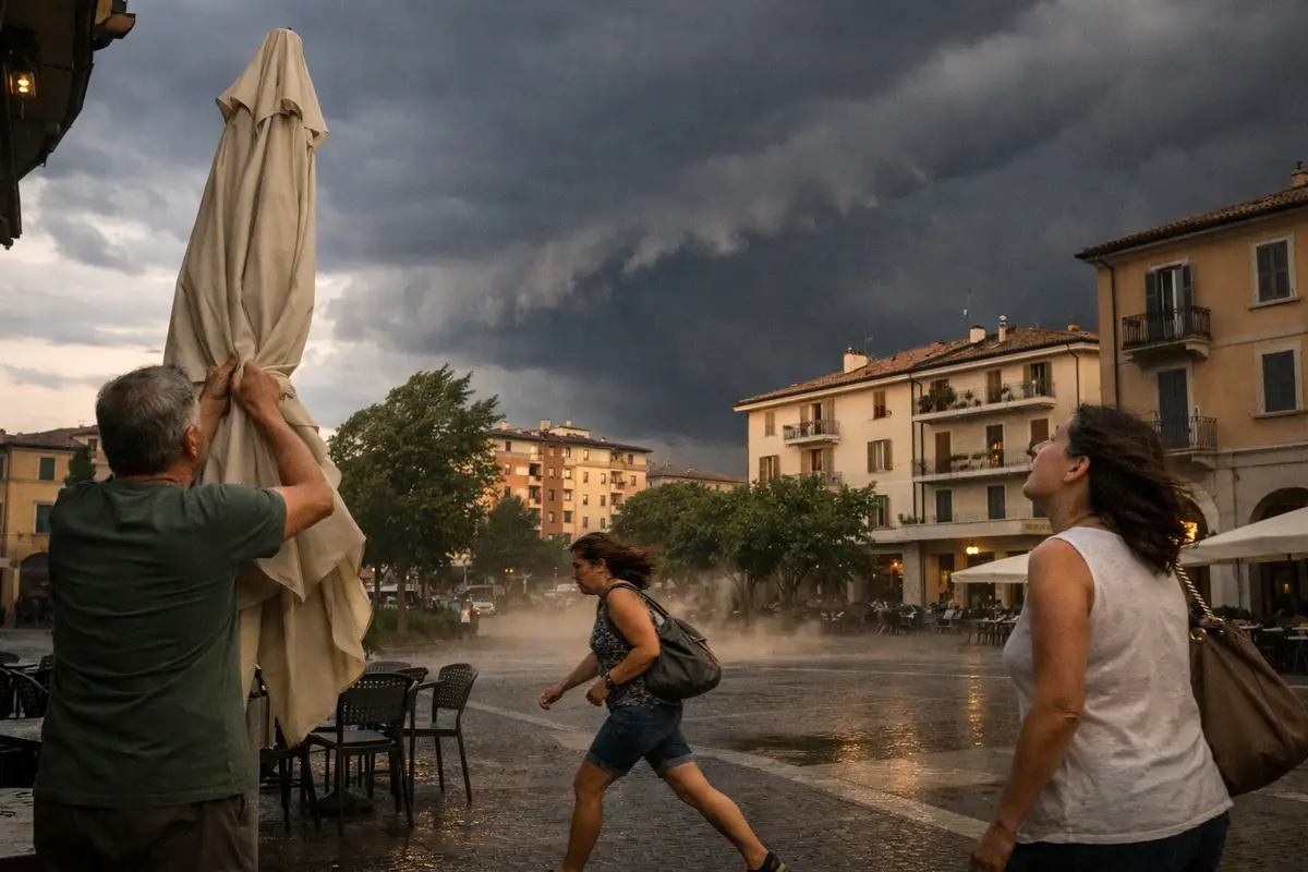 Temporale in arrivo su una piazza italiana: persone al vento e pavé bagnato sotto nuvole scure