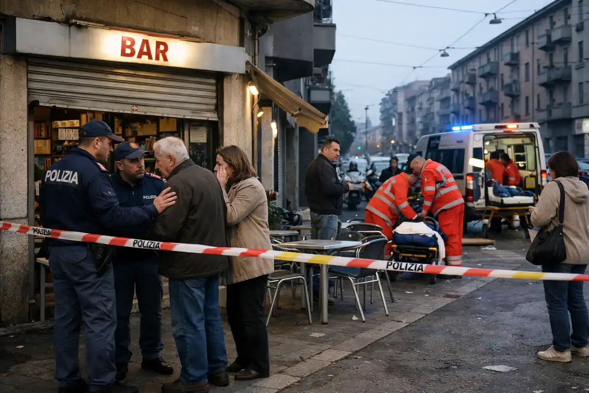 Polizia e soccorritori davanti a un bar transennato all’alba, con ambulanza e barella sullo sfondo