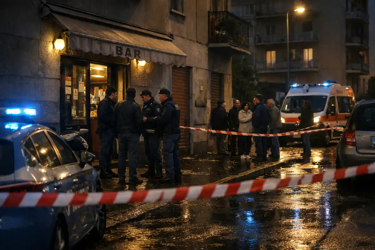 Polizia e nastro di sicurezza davanti a un bar di sera, con ambulanza e strada bagnata