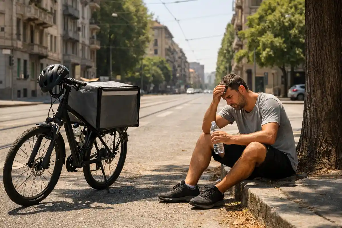 Rider seduto all’ombra con bici e borsa per consegne, si asciuga il sudore e tiene una bottiglia d’acqua in strada assolata