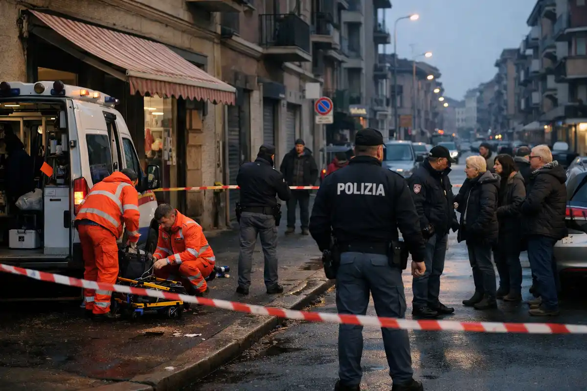 Polizia e soccorritori accanto a un’ambulanza davanti a un bar, con nastro di sicurezza e passanti sul marciapiede