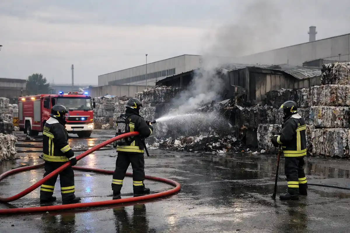 Vigili del fuoco con manichette in un impianto di riciclo danneggiato, fumo e camion rosso sullo sfondo