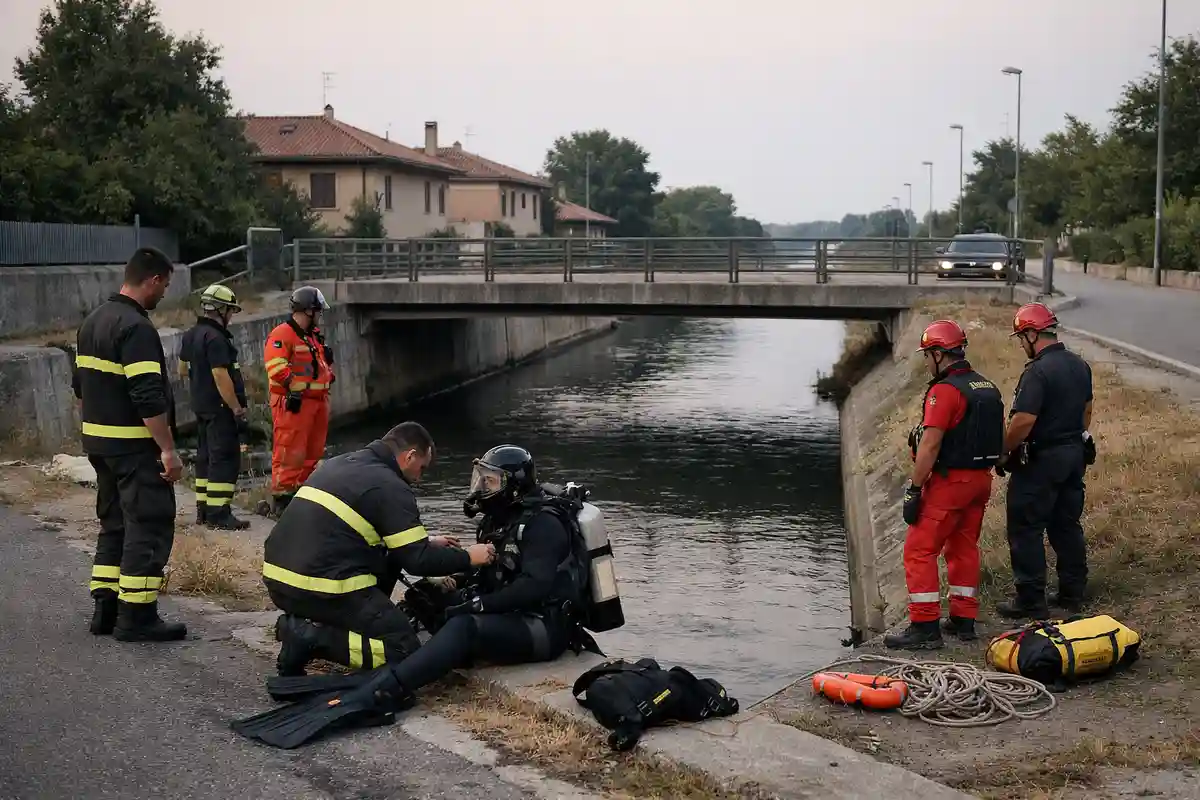 Soccorritori e sommozzatore in preparazione lungo un canale con ponte stradale al crepuscolo