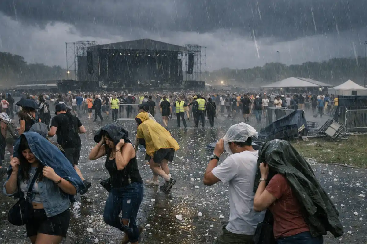 Spettatori lasciano un concerto all’aperto sotto pioggia e grandine, con il palco sullo sfondo e addetti alla sicurezza