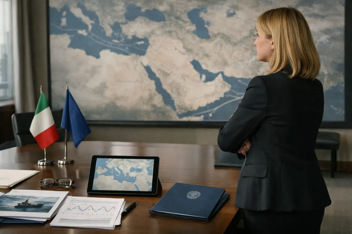 Donna in ufficio istituzionale osserva una grande mappa del Mediterraneo, con bandiere e documenti su un tavolo