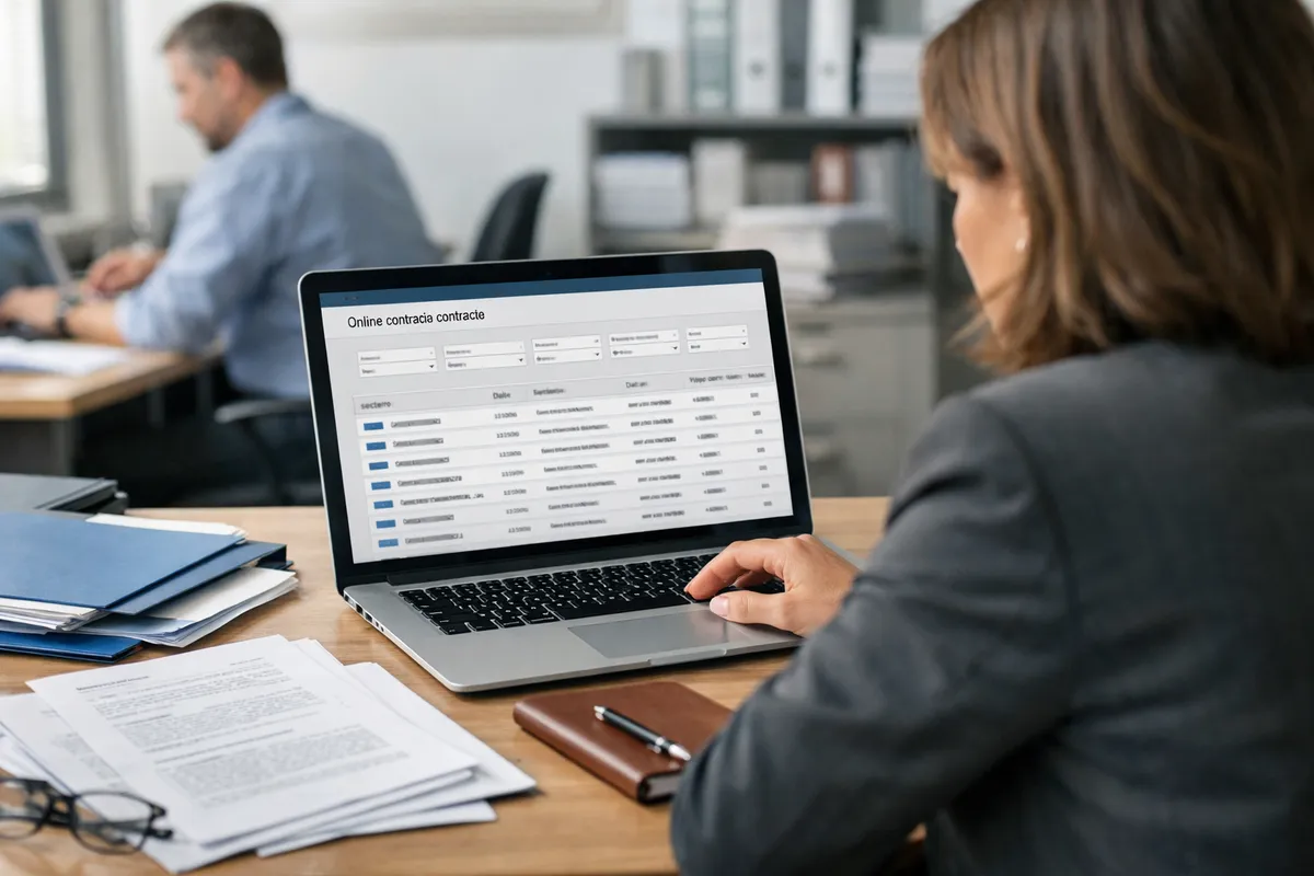 Impiegata al desk consulta su laptop un archivio online di contratti, con fascicoli e documenti cartacei sul tavolo