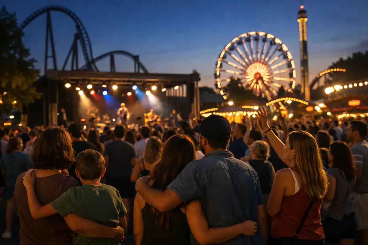 Pubblico a un concerto serale in un parco divertimenti, con palco illuminato e ruota panoramica sullo sfondo