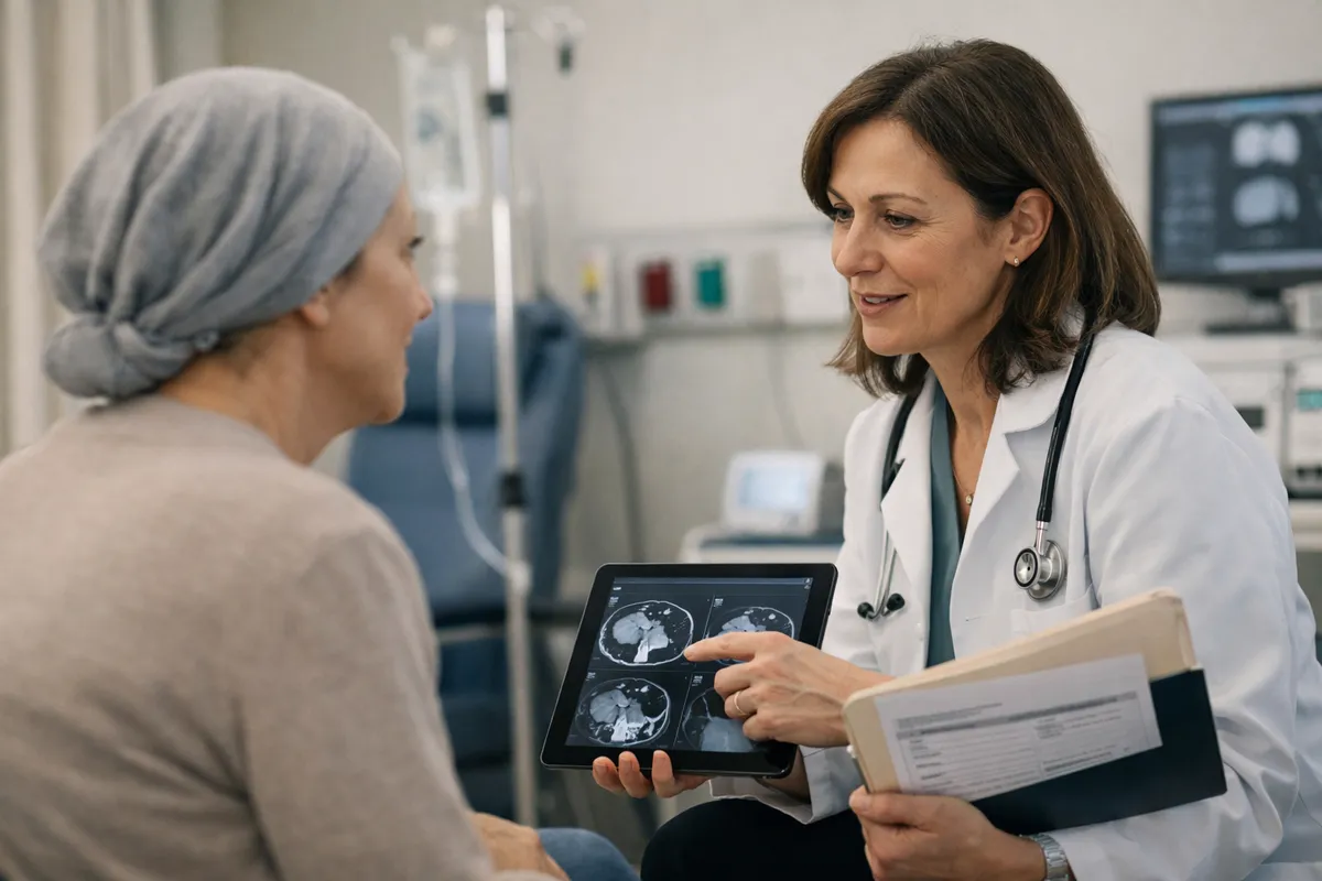 Oncologa mostra esami su tablet a una paziente con foulard in un reparto oncologico
