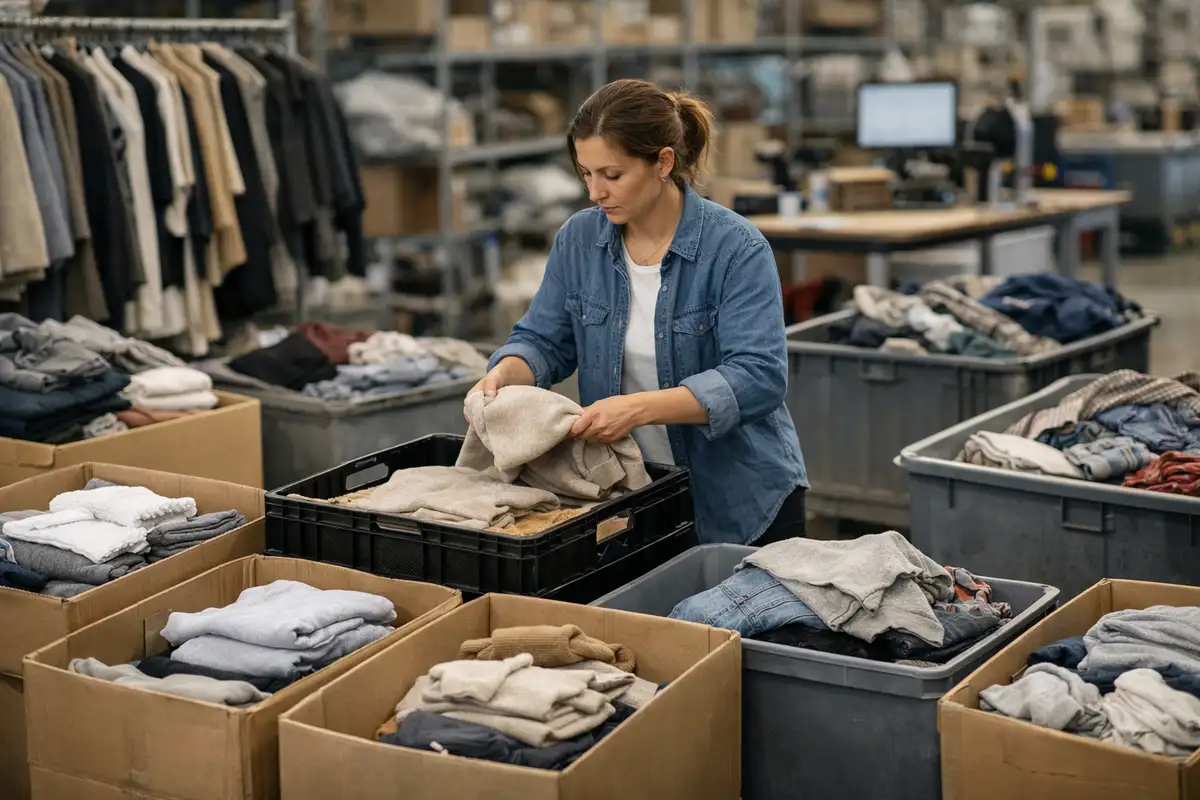 Addetta in magazzino che seleziona capi piegati tra scatole e cassoni di abbigliamento invenduto