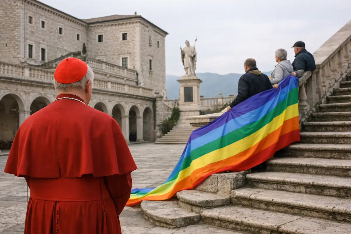 Cardinale di spalle in abito rosso davanti a una bandiera della pace arcobaleno su una scalinata in pietra