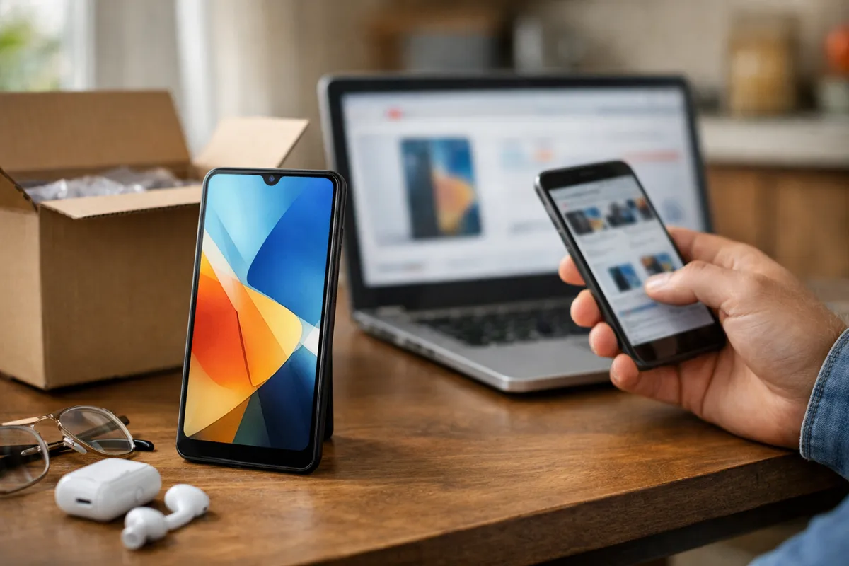 Smartphone su un tavolo accanto a una scatola aperta, con laptop sfocato e mano che scorre un sito di acquisti