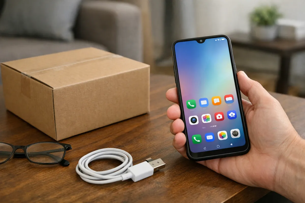 Mano che tiene uno smartphone acceso su un tavolo con scatola di cartone, cavo USB e occhiali