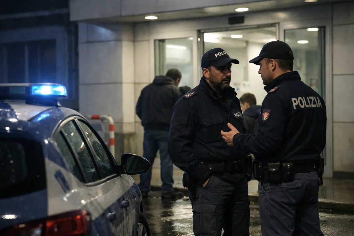 Due agenti di polizia parlano davanti all’ingresso di un pronto soccorso di notte, con auto di servizio e luci blu