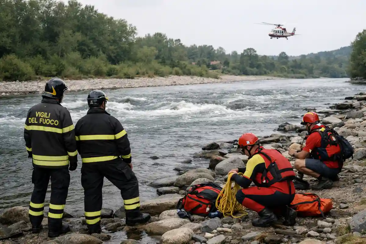 Vigili del fuoco e soccorritori su una riva sassosa osservano un fiume in corrente, con elicottero di soccorso in volo