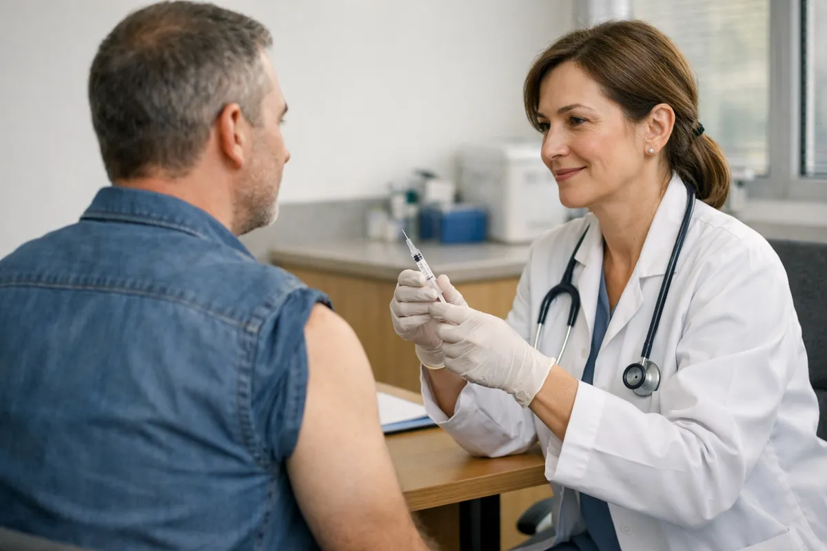 Medica con siringa pronta per un’iniezione mentre parla con un paziente seduto in ambulatorio