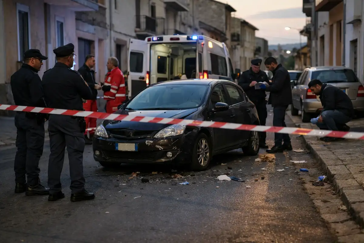 Strada transennata al tramonto con auto scura danneggiata, polizia e ambulanza sullo sfondo
