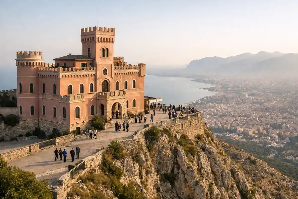 Castel Utveggio su Monte Pellegrino con visitatori sulla terrazza panoramica e Palermo sullo sfondo