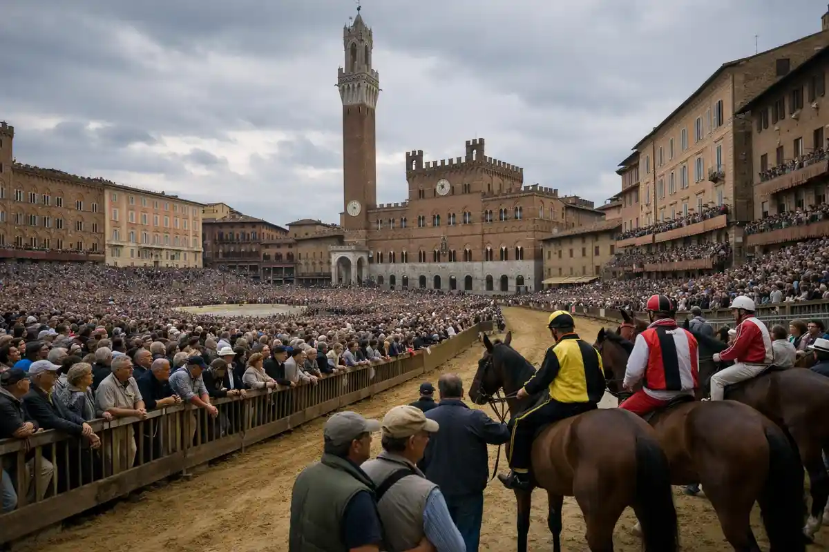 Piazza del Campo gremita prima del Palio, pista in terra e Palazzo Pubblico sullo sfondo, con cavalli e fantini in attesa