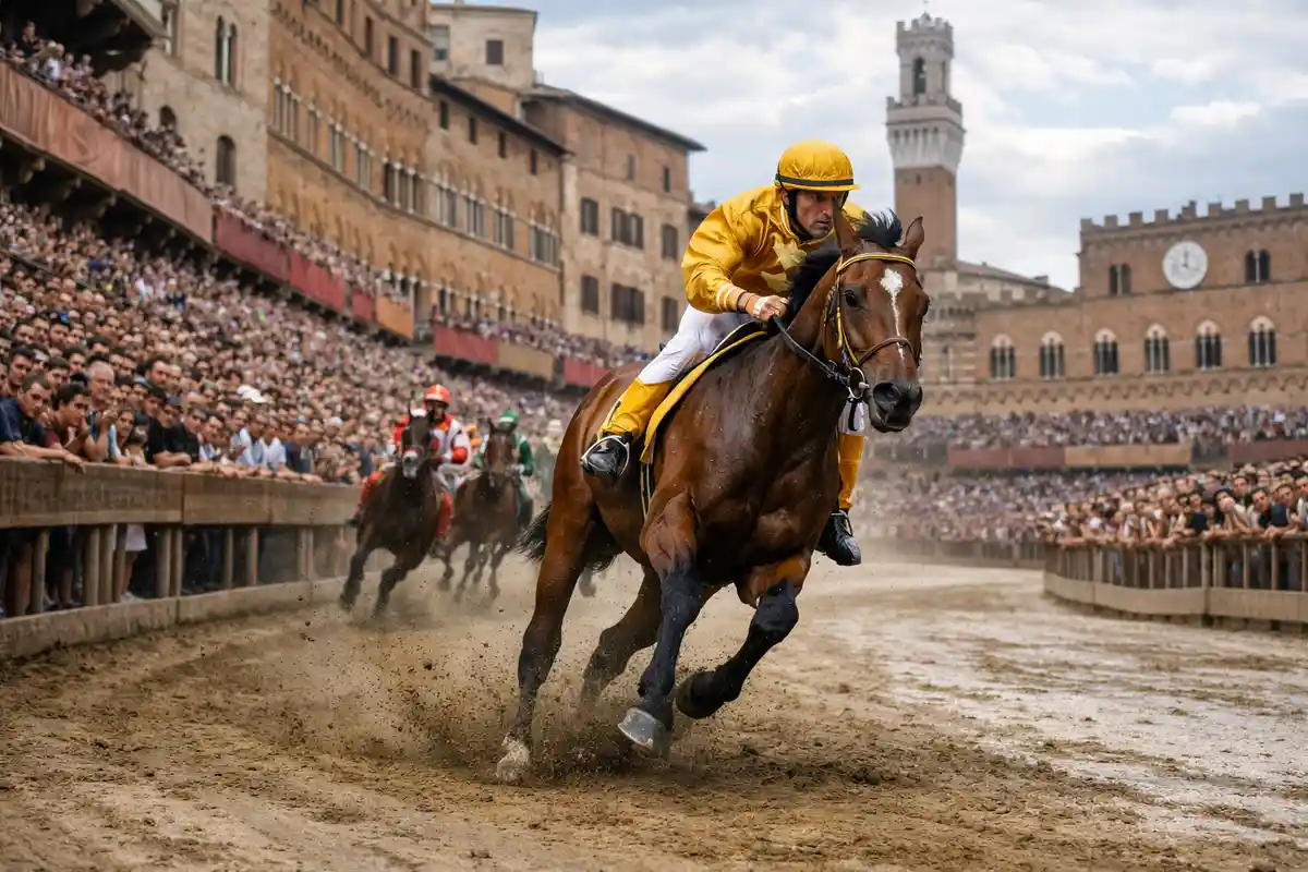 Fantino in giallo in testa al Palio di Siena in Piazza del Campo, con folla e Torre del Mangia sullo sfondo
