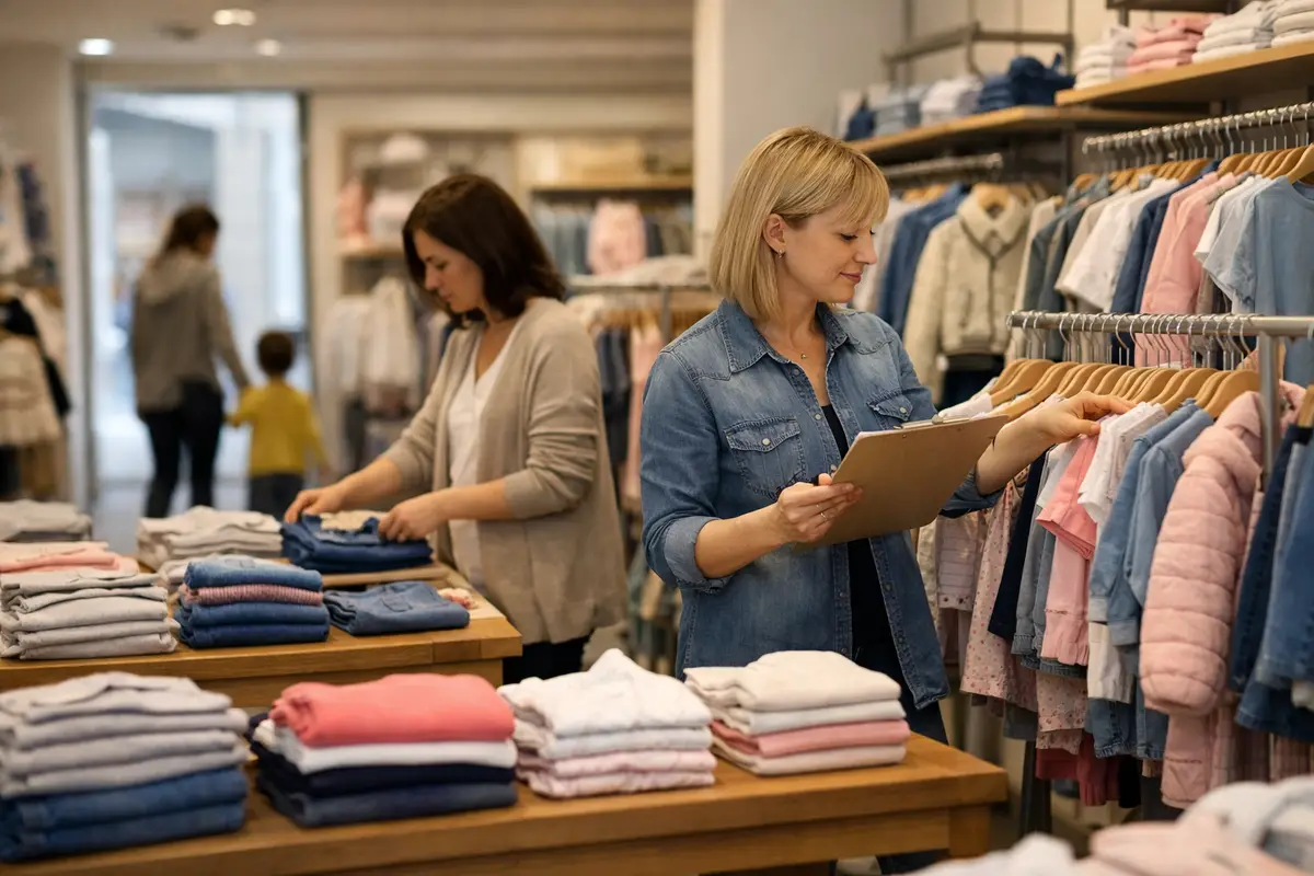Commessa controlla l’inventario tra scaffali e grucce di abiti per bambini in un negozio di abbigliamento