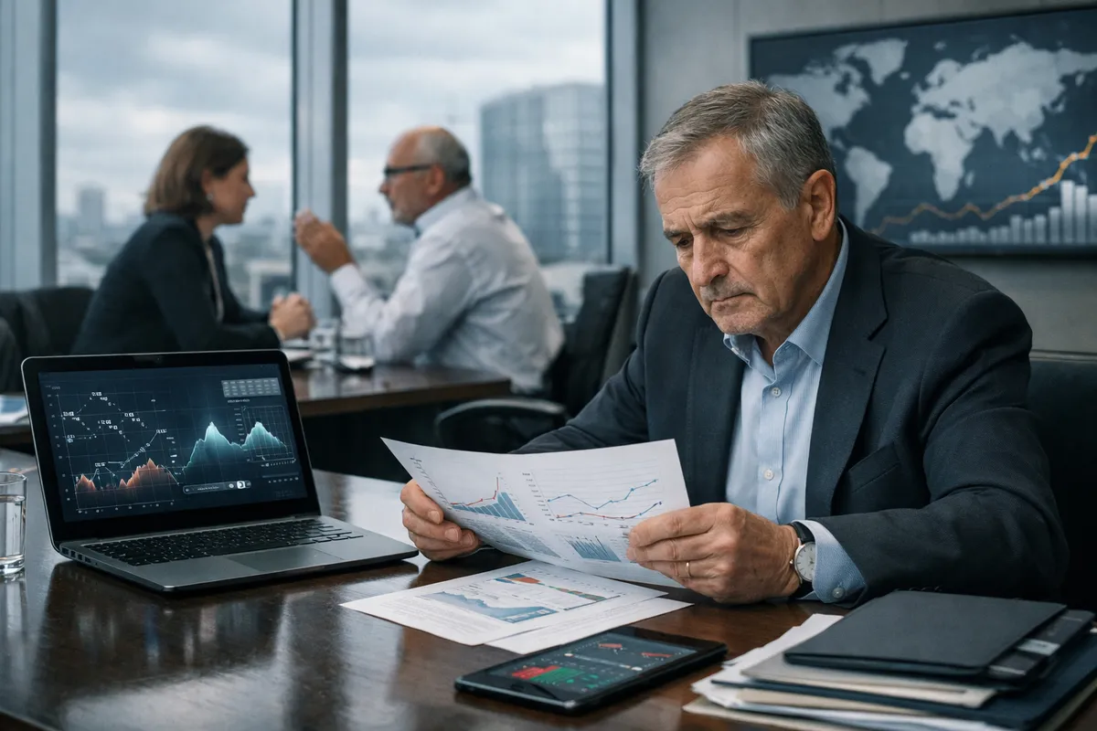 Dirigente in sala riunioni analizza grafici economici accanto a un laptop con andamento dei mercati