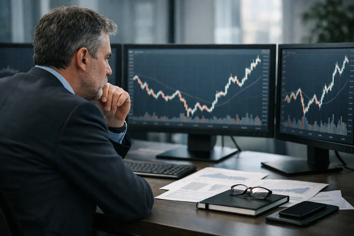 Analista in ufficio osserva due monitor con grafici di mercato in risalita, con report cartacei e occhiali sulla scrivania