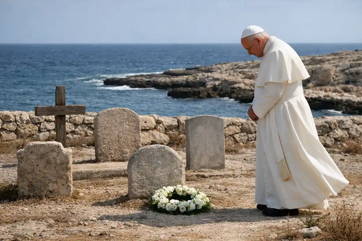 Pontefice in abiti bianchi prega davanti a tombe anonime con il mare sullo sfondo