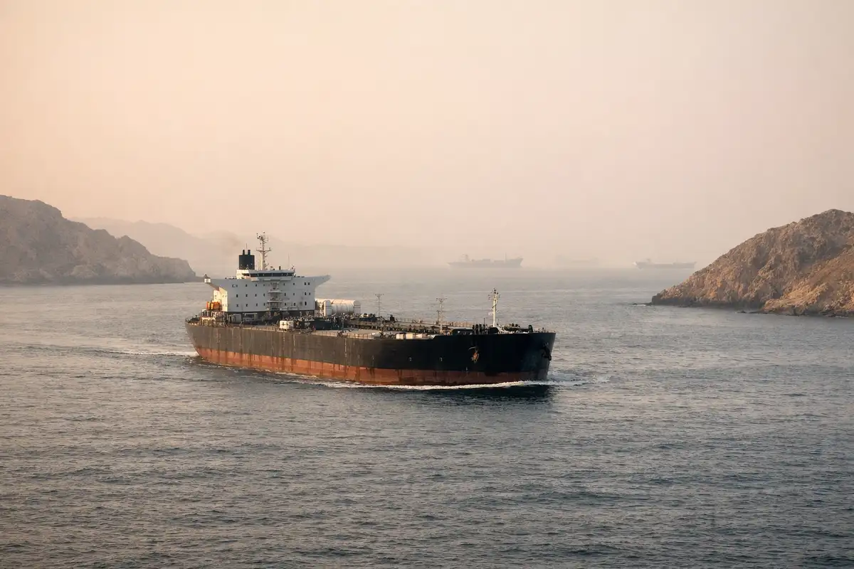 Petroliera che naviga in uno stretto tra coste rocciose, con foschia e altre navi sullo sfondo