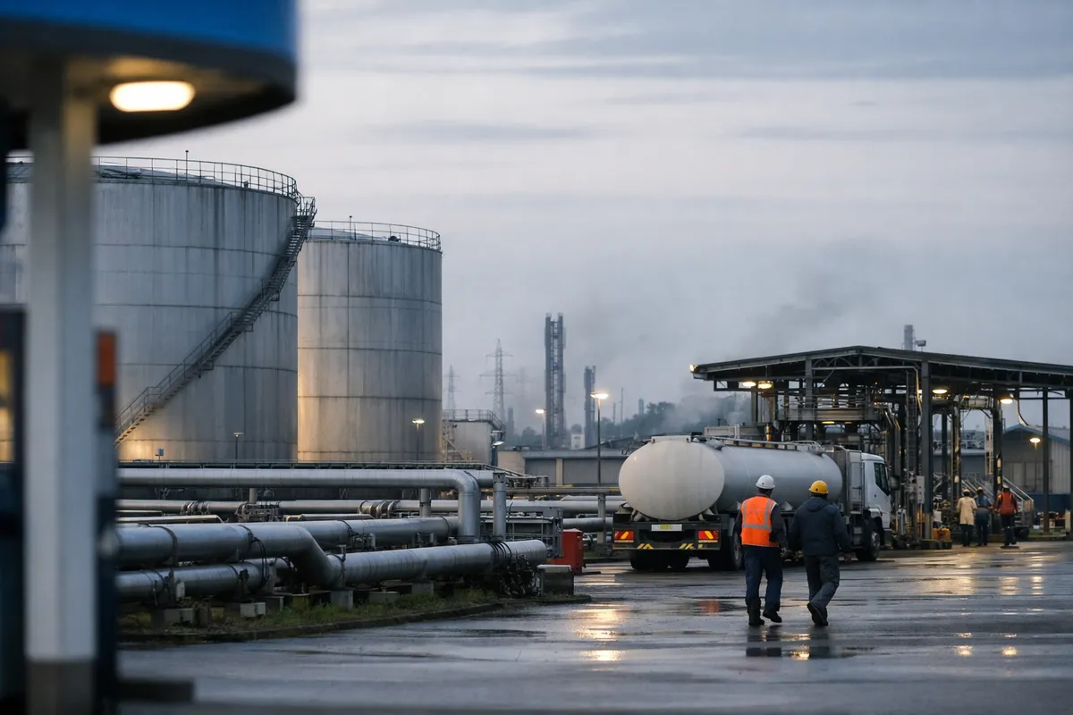 Serbatoi e tubazioni in un deposito petrolifero con autocisterna e due operai su strada bagnata