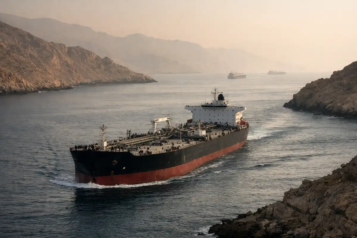 Petroliera che attraversa uno stretto tra coste rocciose e aride, con altre navi cargo all’orizzonte nella foschia