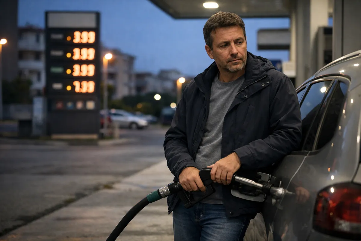 Uomo fa rifornimento a una station wagon al distributore, con tabellone dei prezzi sfocato sullo sfondo al crepuscolo