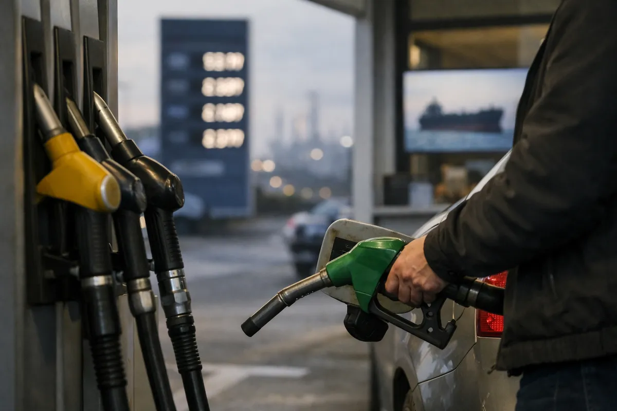 Pompa di benzina con ugelli in primo piano e una persona che fa rifornimento a un’auto con pistola verde